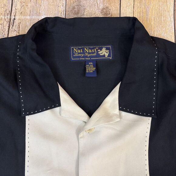 Nat Nast Silk Shirt XXL 2XL Black Beige Tony Soprano Bowling Shirt - Picture 3 of 8